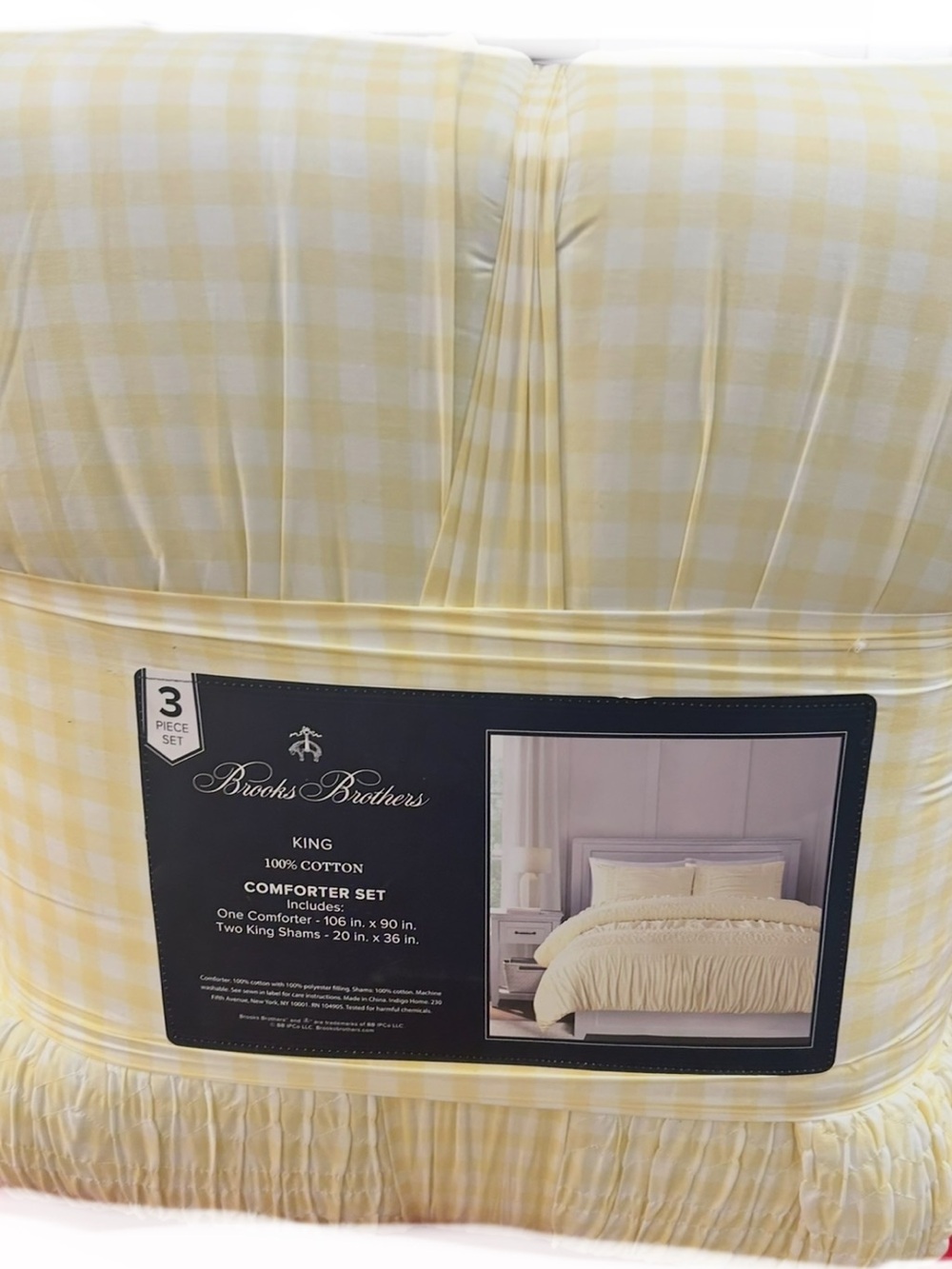 Brooks Brothers Yellow and White Checkered King Cotton Comforter Set 106”x90”